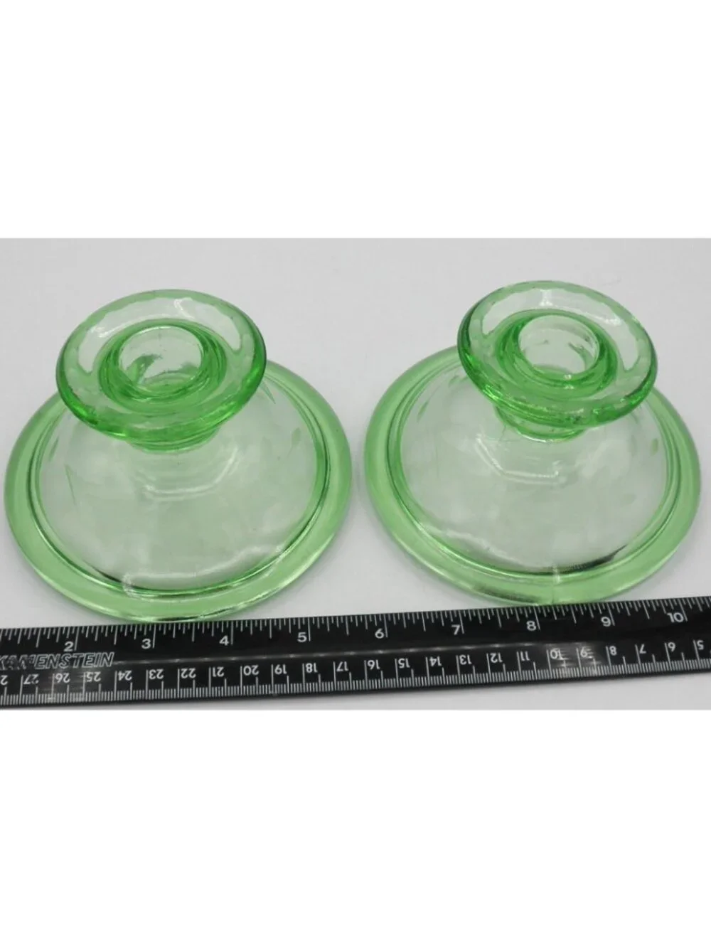 Etched Green Depression Glass Rolled Edge Console Bowl 2 Matching Candle Holders